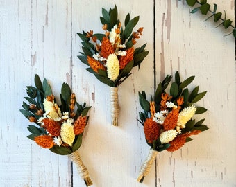 Burnt Orange Dry Flower Boutonniere,Mini Dried Flower Bouquet, ,Bohemian Dried Flower Bouquet,Eucalyptus Groomsmen buttonhole