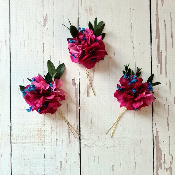 Fuchsia Pink Dried flowers hair pins,Autumn Flower hair pins,Fuchsia Wedding flower hair pins,Wedding accessorieS,Dry flower hair piece