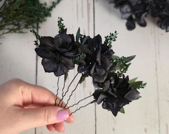 Black Gothic Dried Flower Hair Pins: Autumn Wedding Accessories