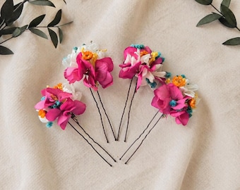 Fuchsia Pink Bridal Hair Accessories – Colorful Wedding Hair Flowers – Summer Boho Bride Headpiece –