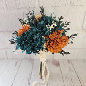 Orange and Blue Dried flower Wedding bouquet,Rustic bouquet arrangement,Teal Blue wedding bouquet,Wedding Bridal Set,Fall Bridal bouquet