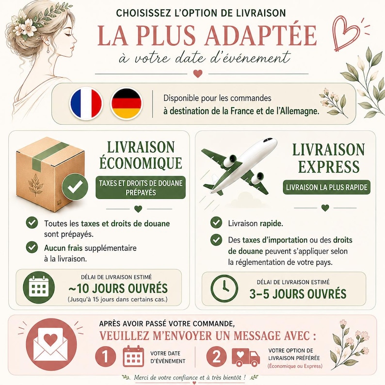 May include: An informational graphic in French detailing shipping options with icons of a cardboard box, an airplane, and a calendar. It features text about delivery times, customs duties, and instructions to send a message with event dates.