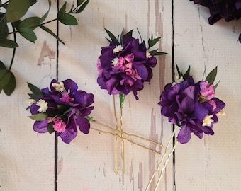 Dark Purple Flower hair pins,Dried flower hair pins,,wildflower wedding hair pins,Dry flower hair piece,Bride Hair Accessory,