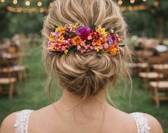 Wildflower Hair Comb: Folk Bride Accessory, Garden Wedding Floral Comb