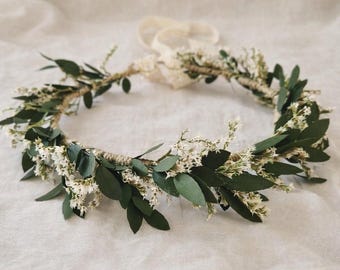 Dark Green Dried Flower Crown: Rustic Boho Wedding Hair Wreath