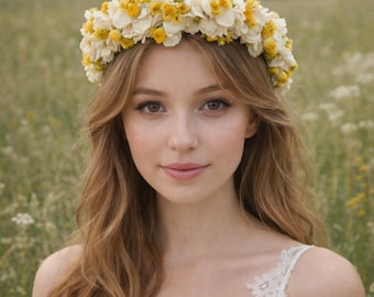 Cream and Yellow Dried Flower Crown, Boho Bridal Hair Wreath, Natural Floral Headpiece