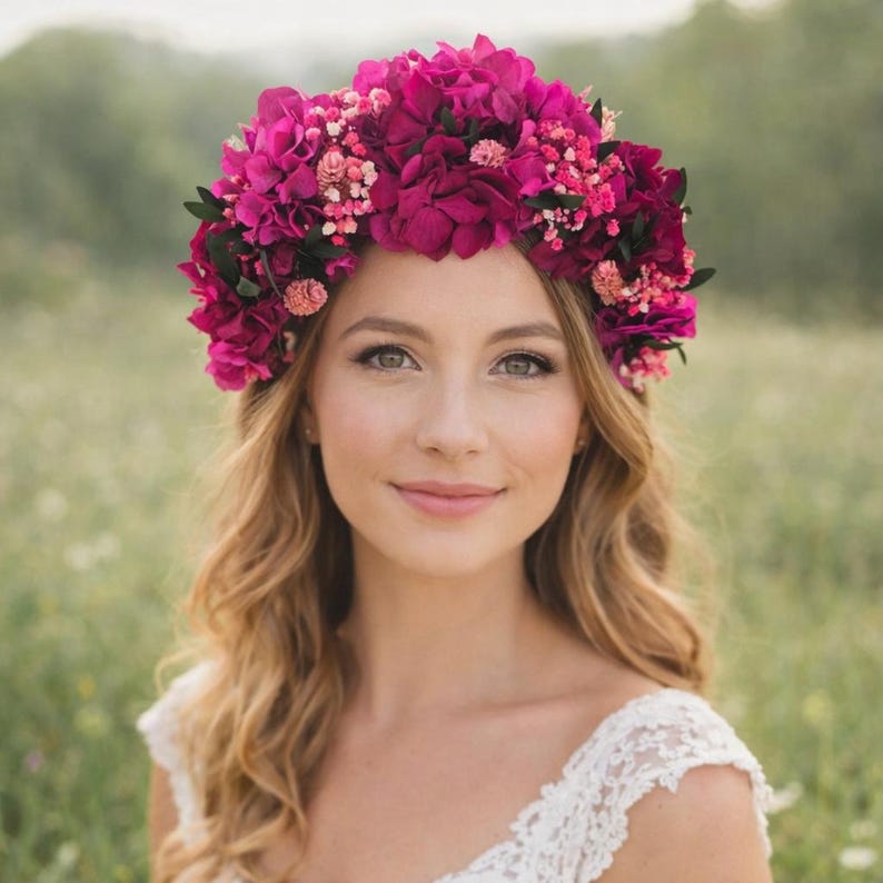 fuchsia magenta dried flower hydrangea headband.Folk mexican wedding crown