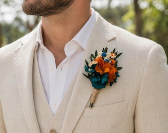 Burnt Orange &Teal Preserved Flower Boutonniere : Bohemian Groomsmen Accessory,Boutonniere For Grooom