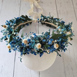 Blue Dried Flower Crown,Bridesmaid Hair Crown,Rustic Wedding Wreath,Engagement Crown,Bridal Shower Flower,Children Flower Crown,Boho Wedding