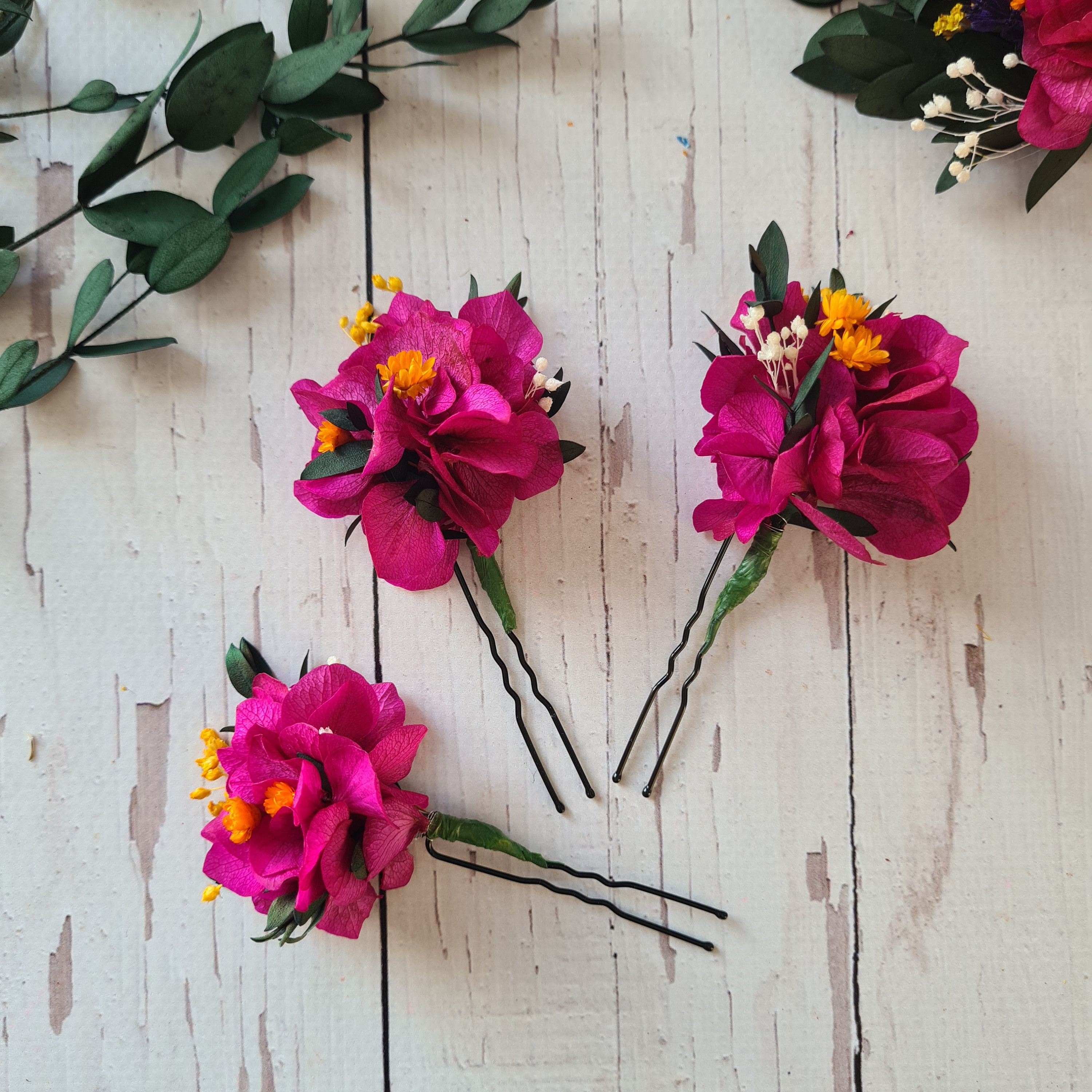 Viva Magenta Dried flowers hair pins,Autumn Flower hair pins,Fuchsia Wedding flower hair pins,Wedding accessories,Dry flower hair piece