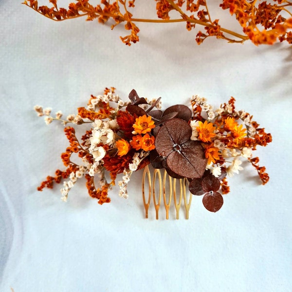 Burnt Orange Dried Flower Comb,Bridesmaid Hair Comb,Fall Wedding Comb,Boho Wedding Gift,Dry Flower Hair Comb,Eucalyptus bridal hair comb