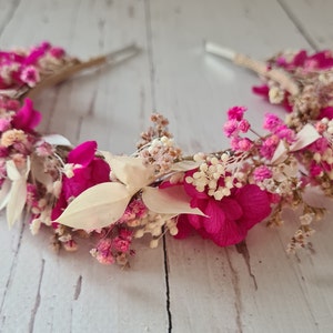 Pink Dry Flowers Crown,Dried Flower Headband,Bridesmaid Flower Gift,Fuchsia Dry Flower Headband,Girl Child Crown,Pink wedding Hair flowers