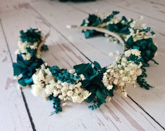 Teal Blue Flower Headband,Blue Dried Flower Crown,Rustic Wedding Wreath,Engagement Crown,Bridal Shower Flower,Children Flower Crown