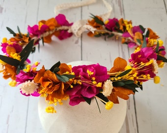Viva Magenta And Orange Hydrangea Dry Flower Crown,Fall bridal Crown,Orange Dry Flowers Crown,Autumn Bridal Crown,Bridesmaid Flower Gift