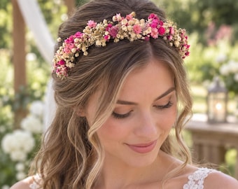 Pink Flower Crown for Bride, Fuchsia Floral Crown, Preserved Flower Headpiece, Rustic Garden Wedding