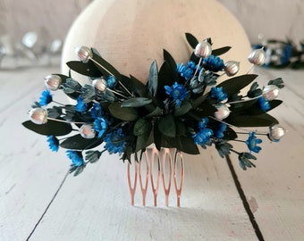 Blue Bridal Hair comb ,Fall Flower Comb,Boho Flower Comb,Bridesmaid Flower Gift,Natural Eucalyptus Hair Comb ,Blue flower hair comb