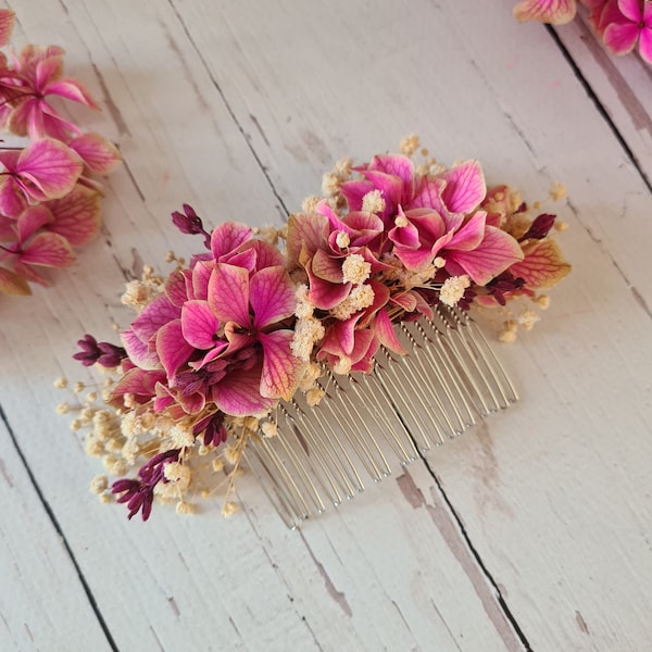 Pink Dried Flower Comb,Bridesmaid Hair Comb,Rustic Wedding Comb,Engagement Comb,Bridal Shower Flower,Girl Child flower comb