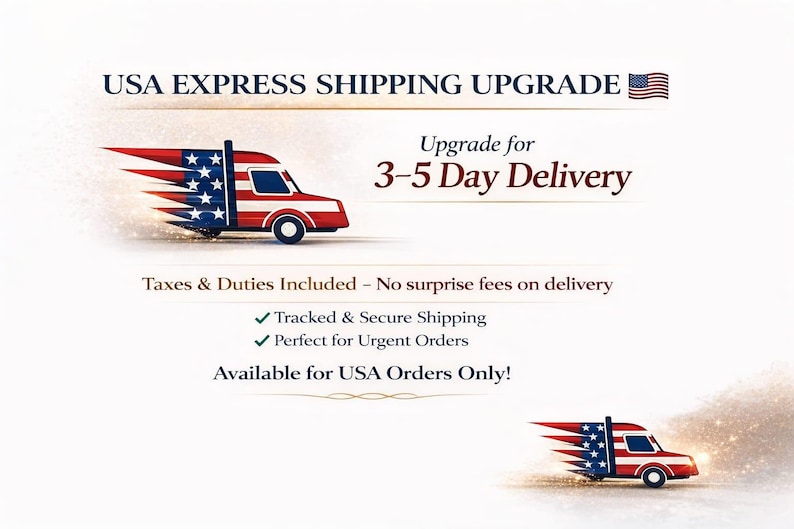 May include: A graphic featuring the text USA EXPRESS SHIPPING UPGRADE with a small American flag icon. It includes the text Upgrade for 3-5 Day Delivery, Taxes & Duties Included - No surprise fees on delivery, and two trucks with flag patterns.