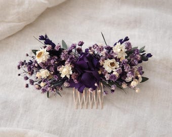 Peineta con flores secas moradas, accesorio para el cabello de novia estilo boho, regalo para damas de honor