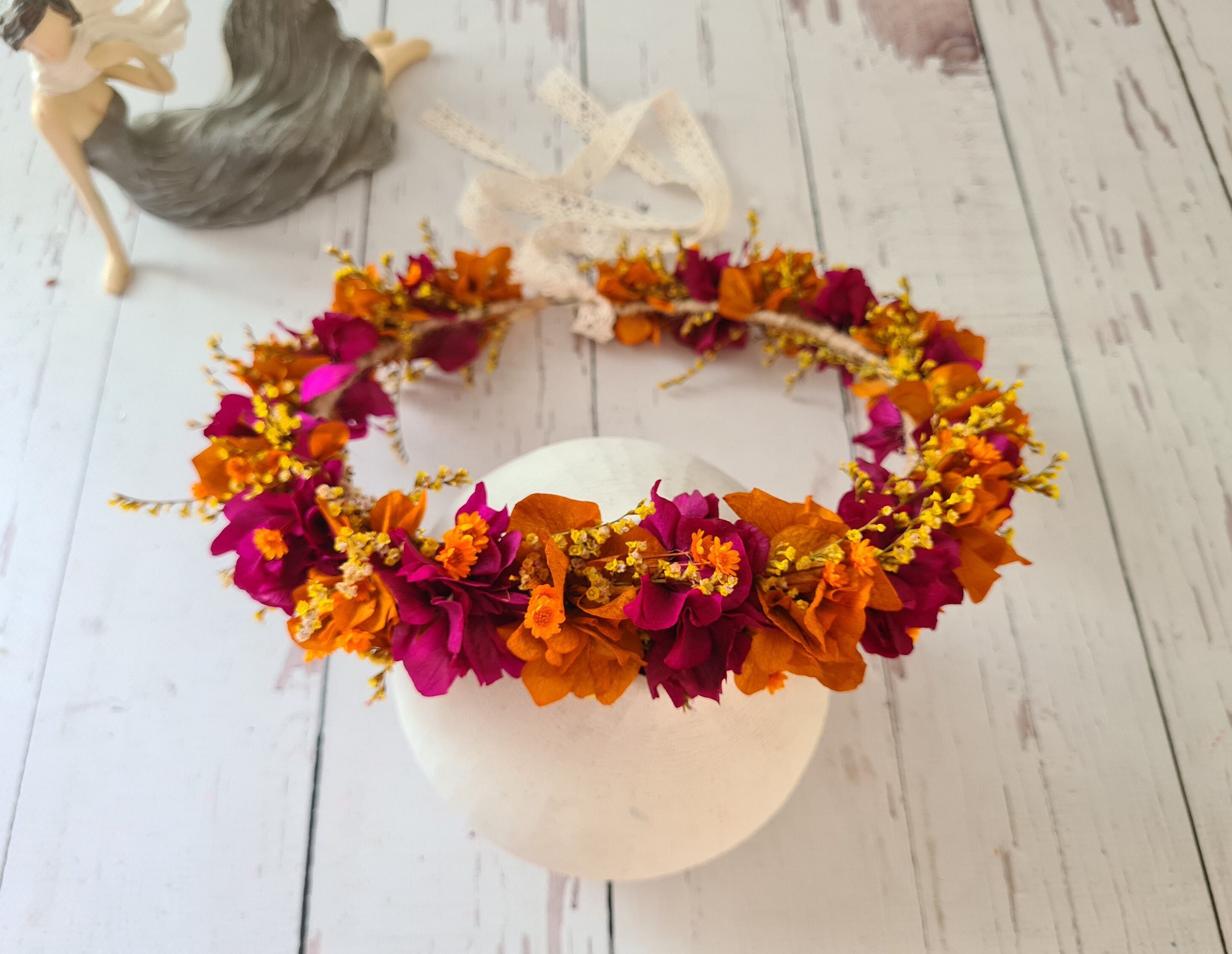 Viva Magenta and Orange Hydrangea Dry Flower Crown,Bridesmaid Flower Gift,Engagement Crown,Girl Child Crown,Bridal Shower Flower,Boho Crown