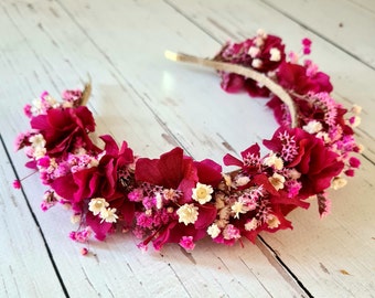 Viva Magenta Trockenblumen Krone, getrocknete Blumen Stirnband, Brautjungfer Blumengeschenk, Magenta Blumen Haarband, Viva Magenta Mädchen Kind Blumen Haarband