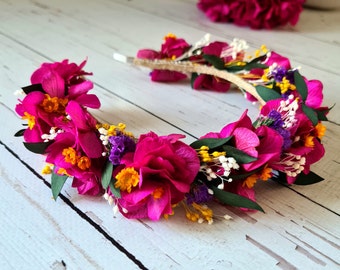 Serre-tête fleurs séchées fuchsia hortensia, casque de mariée magenta, couronne de fleurs sèches roses, serre-tête fleurs séchées, cadeau fleurs de demoiselle d'honneur