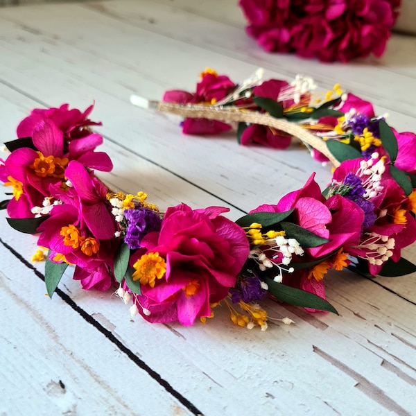 Fuchsia Hortensie Trockenblumen Stirnband, Braut Kopfschmuck Magenta, Rosa Trockenblumen Krone, Trockenblumen Stirnband, Brautjungfern Blumen Geschenk