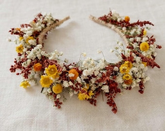 Boho Burnt Orange Dried Flower Crown: Autumn Bridal Headband,Folk Wedding Headpiece