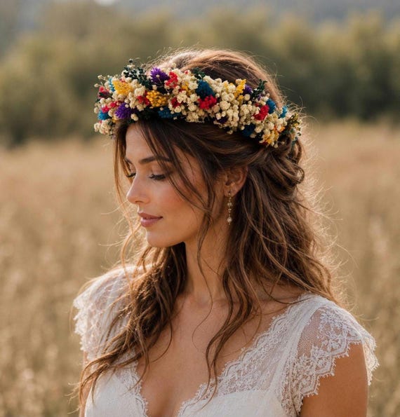 Wildflower Crown for Women | Garden Wedding Floral Crown | Colorful Dried Flower Headpiece