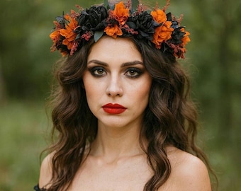 Black & Burnt Orange Dried Flower Crown: Gothic Halloween Crown, Black Bride Crown,