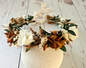Burnt Orange and White Dried  Flower Crown,Orange Bridal Crown,Girl Child Crown,Rustic Wedding Wreath,Engagement Crown,Bridal Shower Flower