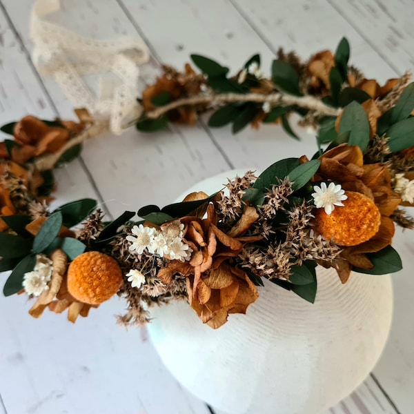 Brown orange Dried  Flower Crown,Terracotta Bridal Crown,Girl Child Crown,Rustic Wedding Wreath,Engagement Crown,Bridal Shower,Boho Wedding