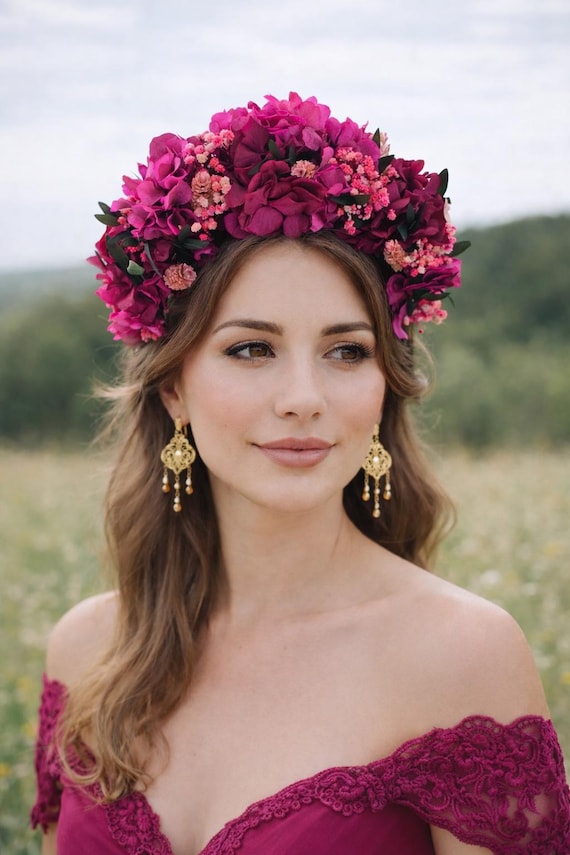 Magenta Boho Flower Crown:Handcrafted Floral Crown,For The Rustic Bride,Garden Wedding Headpiece