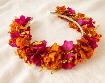 Magenta Orange Flower Crown, Boho Floral Headband, Autumn Wedding Hair Accessory
