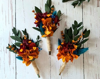 Burnt Orange Dry Flower Boutonniere,Mini Dried Flower Bouquet, ,Bohemian Dried Flower Bouquet,Eucalyptus Groomsmen buttonhole