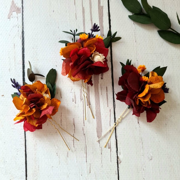 Getrocknete Blumen Haarnadeln, Herbst Blume Haarnadeln, Gebrannte Orange Hochzeit Blumen Haarnadeln, Hochzeit im Herbst Accessoires, Trockene Blume Haarteil