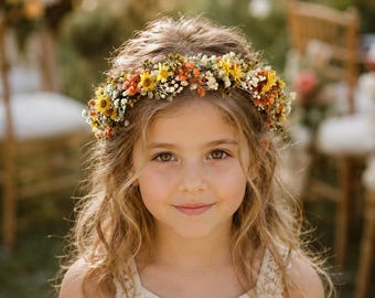 Wildflower Girl Crown, Yellow Orange Dried Flower Crowns, Boho Wedding Floral Headpiece,