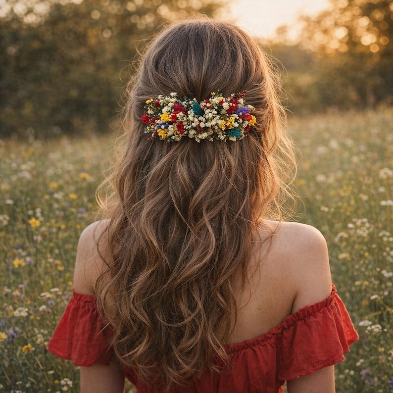 May include: A hair clip adorned with a dense arrangement of small dried flowers in vibrant shades of red, yellow, blue, and white. The accessory is secured in long, wavy brown hair, positioned at the back of the head to hold a section of hair.
