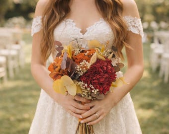 Autumn dried flower Bridal Bouquet:Hydrangea & Eucalyptus Wedding Bouquet