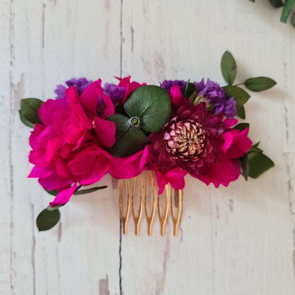 Viva Magenta Dried Flower Comb,Bridesmaid Hair Comb,Rustic Wedding Comb,Engagement Comb,Bridal Shower Flower,Girl Child flower comb