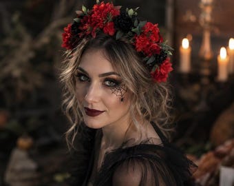 Halloween Flower Crown, Red Black Floral Headband: Gothic Bridal headpiece
