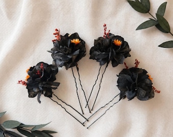 Horquillas negras con diseño floral, hechas a mano, accesorios góticos para bodas, con detalles en naranja quemado.