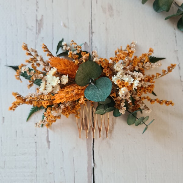 Orange Dried Flower Comb,Bridesmaid Hair Comb,Rustic Wedding Wreath,Boho Wedding Gift,Dry Flower Hair Comb,Eucalyptus bridal hair comb