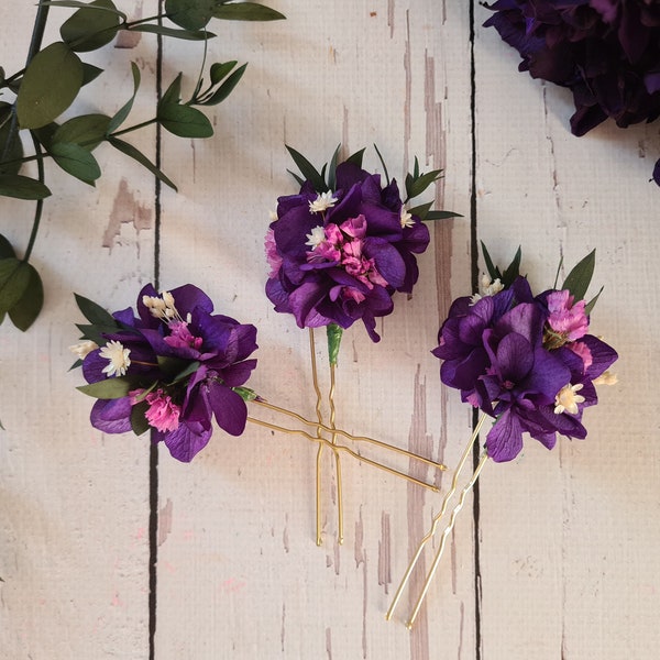 Dark Purple Flower hair pins,Dried flower hair pins,,wildflower wedding hair pins,Dry flower hair piece,Bride Hair Accessory,