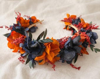 Gothic Floral Crown Black and Orange, Dark Boho Hair Band, Autumn Gothic Wedding Headpiece