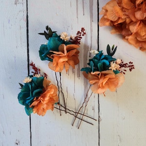 Orange & Blue Dried Flower Hair Pins: Autumn Wedding Accessories