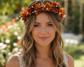 Terracotta Flower Crown : Rustic Wedding Hair Wreath,Burnt Orange Garden Folk Bride Accessory