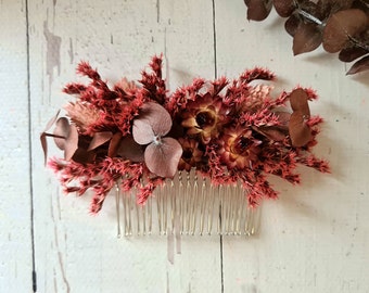 Burgundy Dried Flower Comb, Autumn dried flower comb,,Bridesmaid Hair Comb,Rustic Wedding Comb,Dry Flower Hair Comb,Boho Wedding Comb