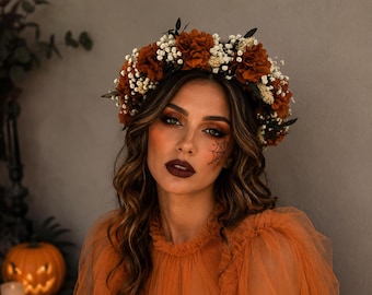 Halloween Flower Crown, Orange Gothic Floral Headpiece, Witch Costume Crown, Autumn Flower Crown, Halloween Hair Accessory