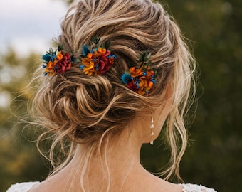 Burnt Orange Dried Flower Hair Pins:Flower Wedding Accessories
